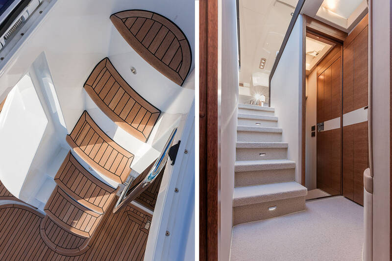 Die Treppe auf der Flybridge und die Treppe, die auf das untere Deck
